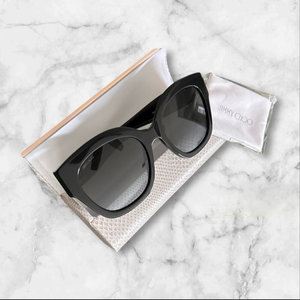 Jimmy Choo Leela/S 55mm Luxury Glossy Black Sunglasses with Gold and Sparkles - Picture 4 of 5